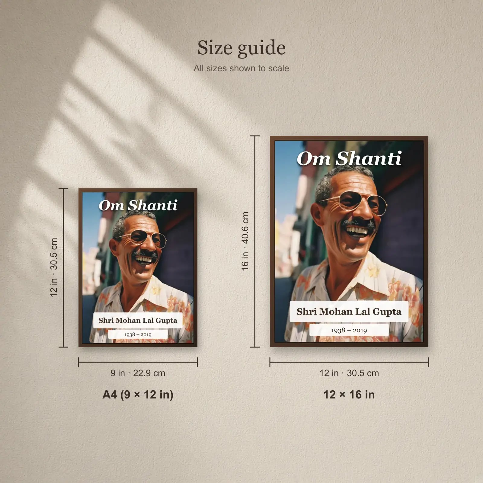 Om Shanti Memorial Frame size guide: A4 (9 × 12 in), 12 × 16 in