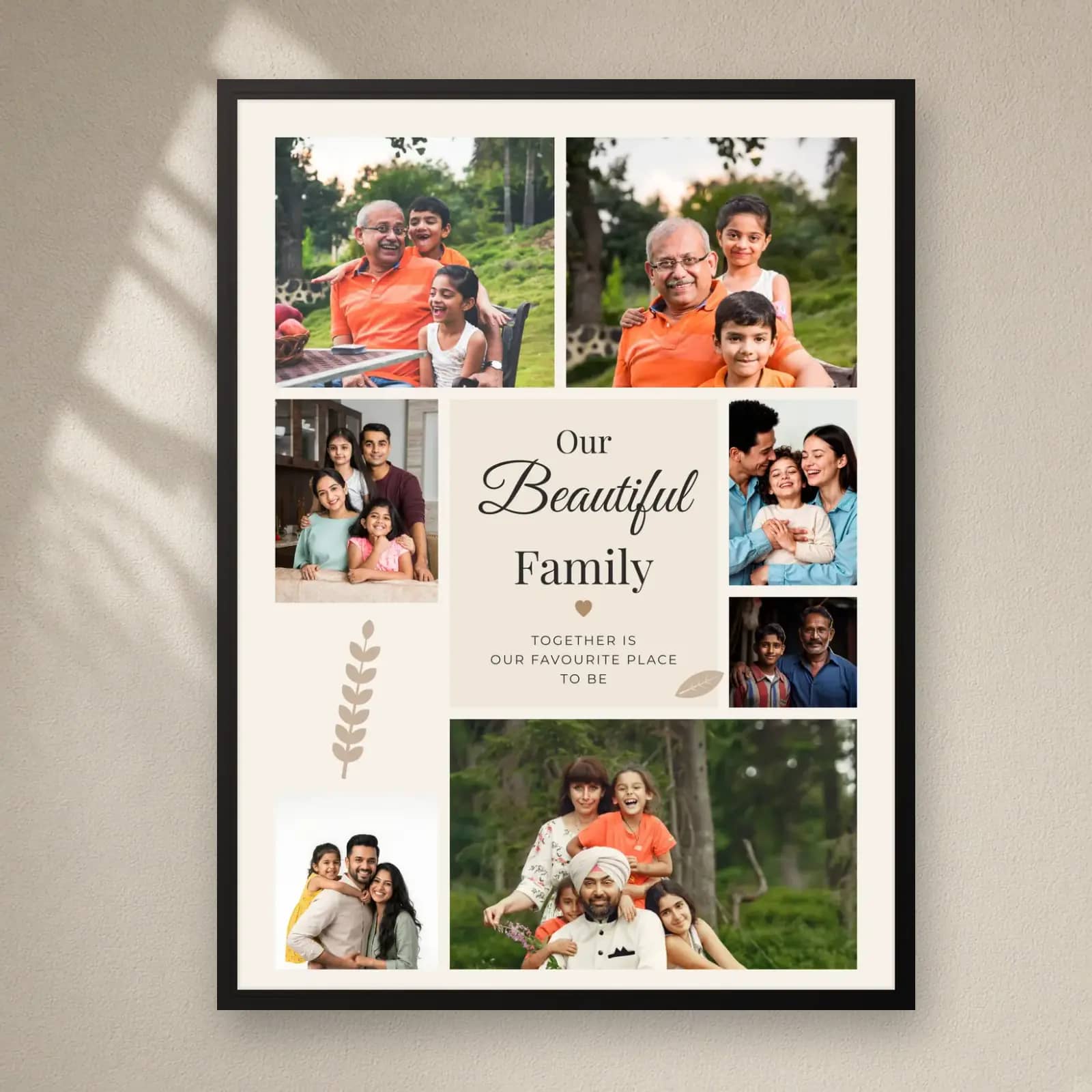 Our Beautiful Family Collage — 7 Photos on a plain wall