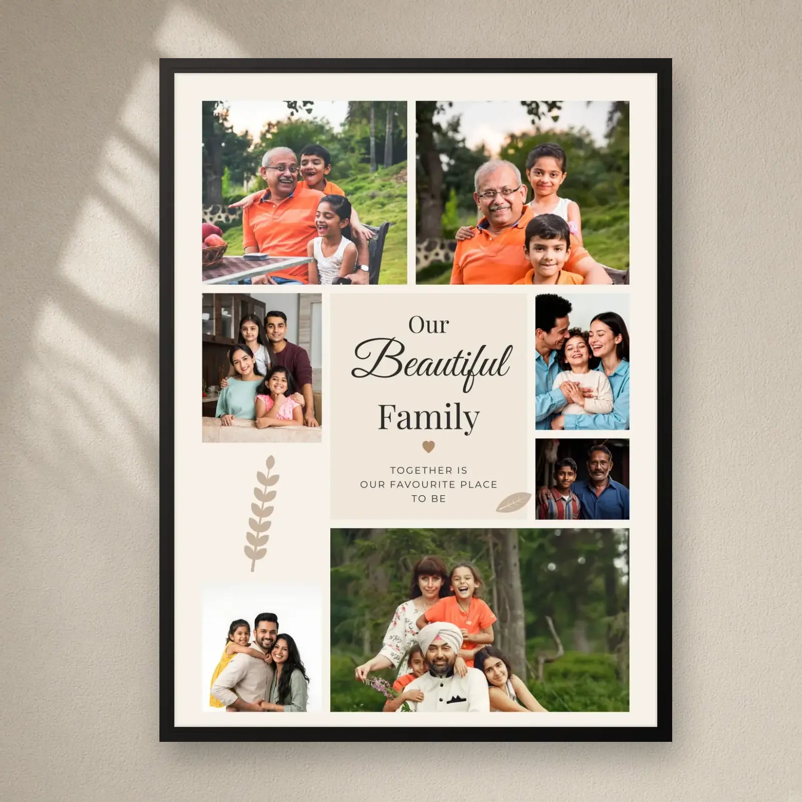 Our Beautiful Family Collage — 7 Photos on a plain wall