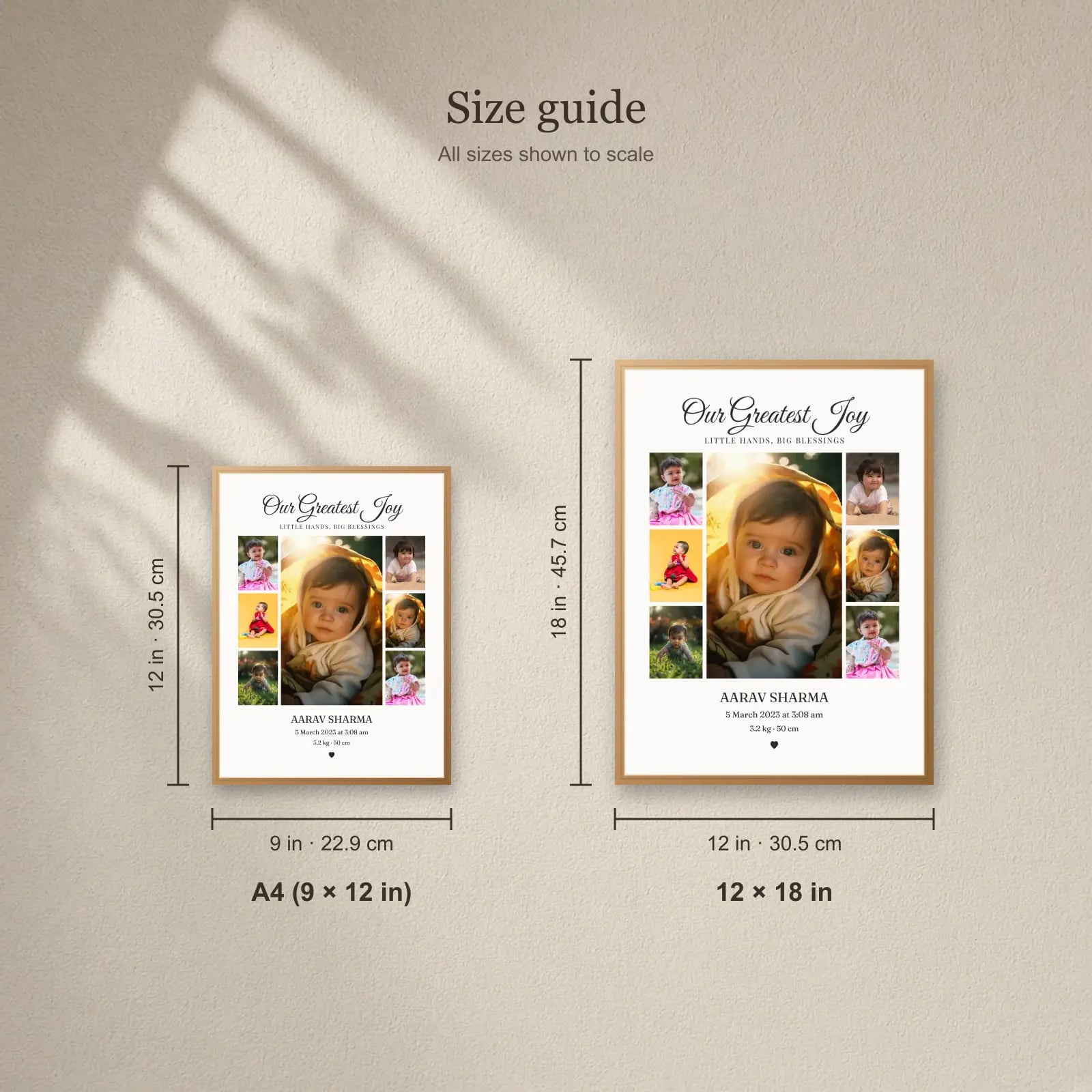 Our Greatest Joy Baby Frame — 7 Photos size guide: A4 (9 × 12 in), 12 × 18 in