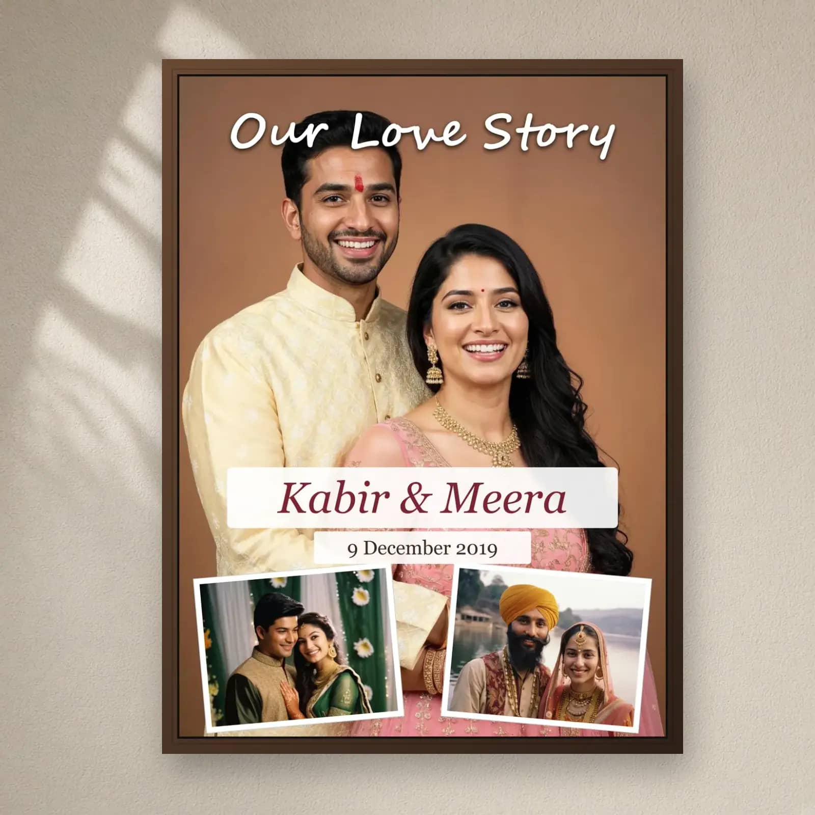 Our Love Story Anniversary Frame on a plain wall