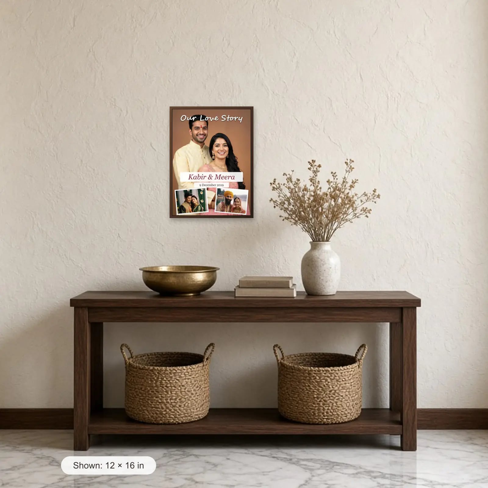 Our Love Story Anniversary Frame above a console table