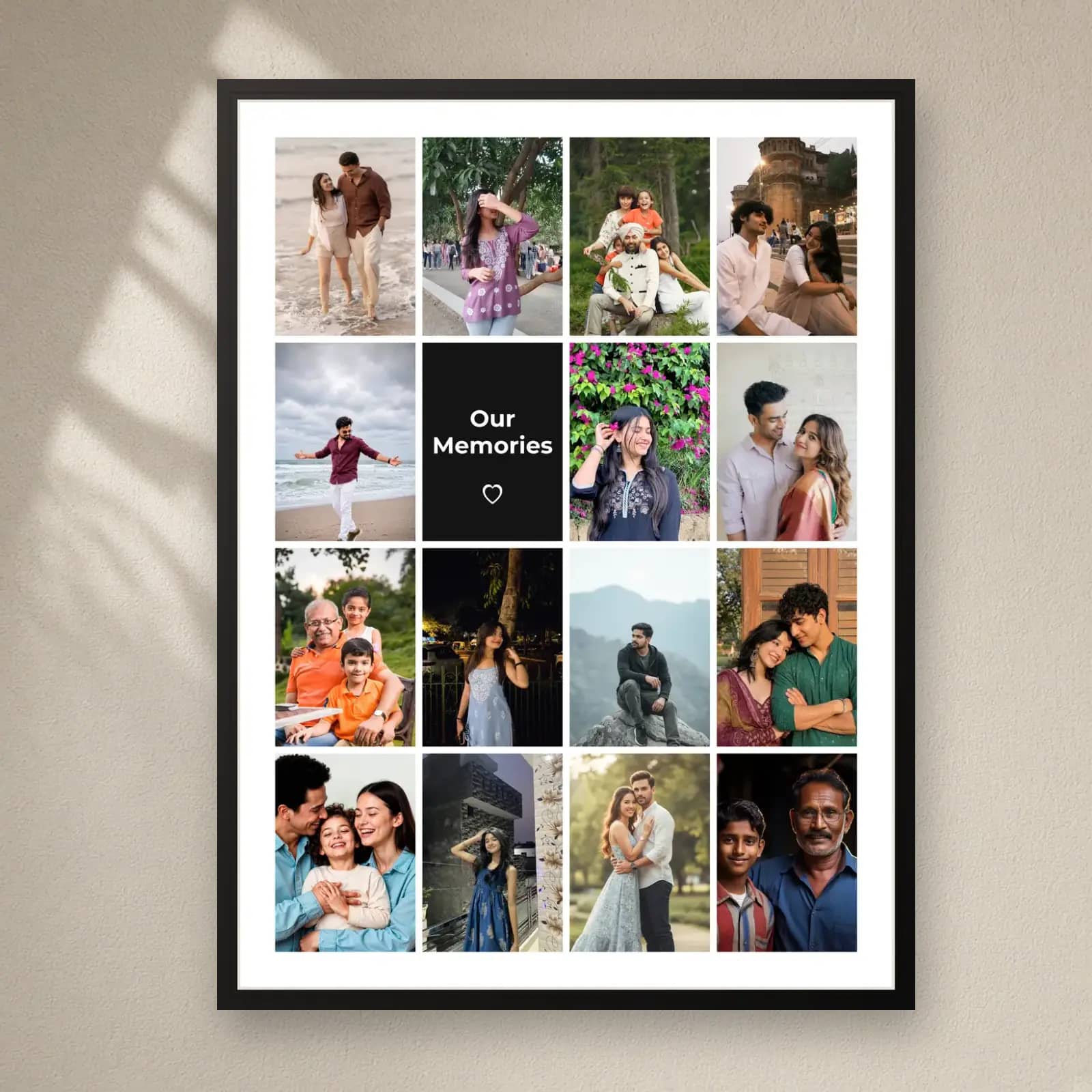 Our Memories Grid Frame — 15 Photos on a plain wall