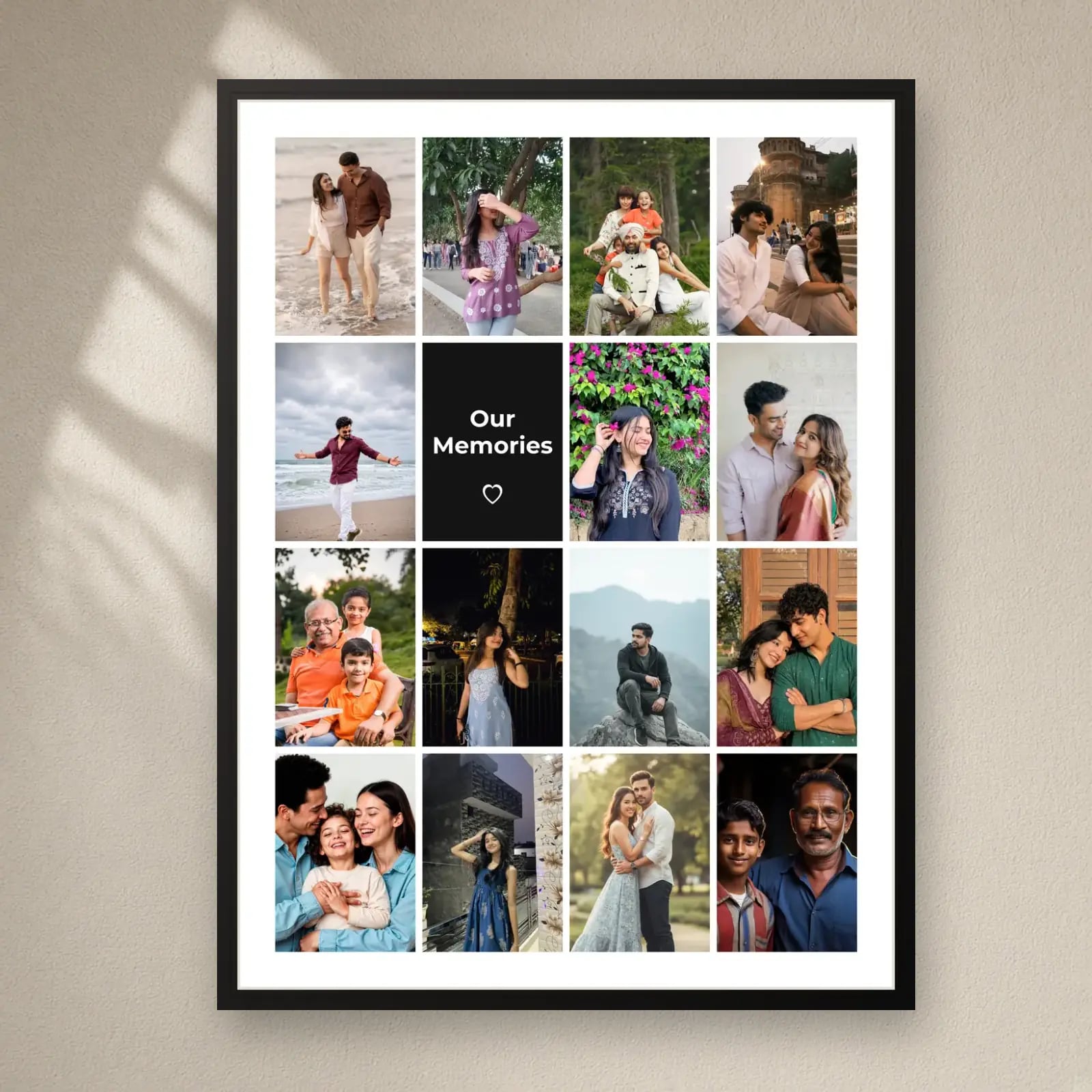 Our Memories Grid Frame — 15 Photos on a plain wall
