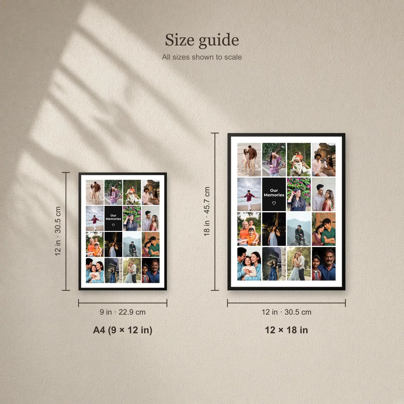 Our Memories Grid Frame — 15 Photos size guide: A4 (9 × 12 in), 12 × 18 in