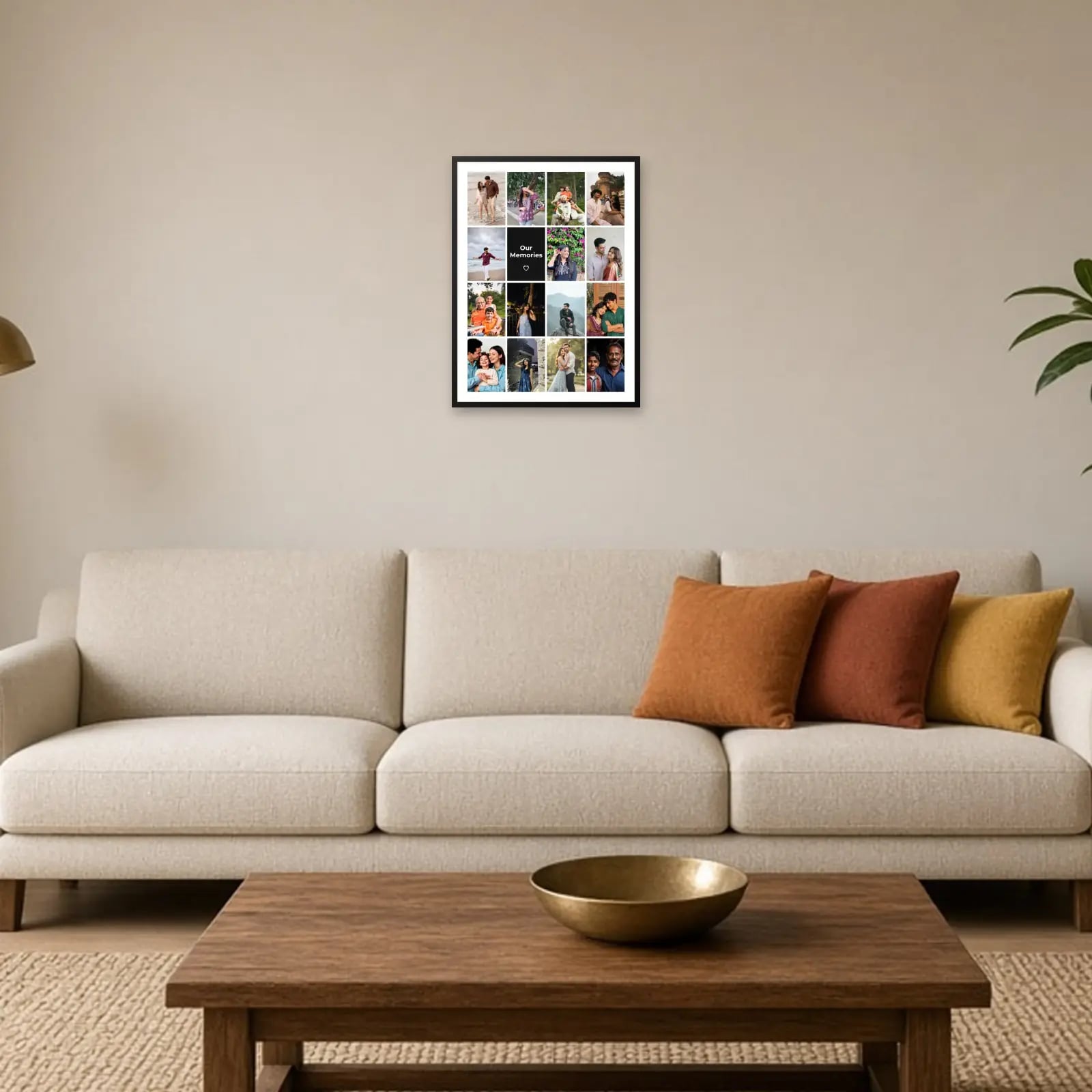 Our Memories Grid Frame — 15 Photos above a sofa