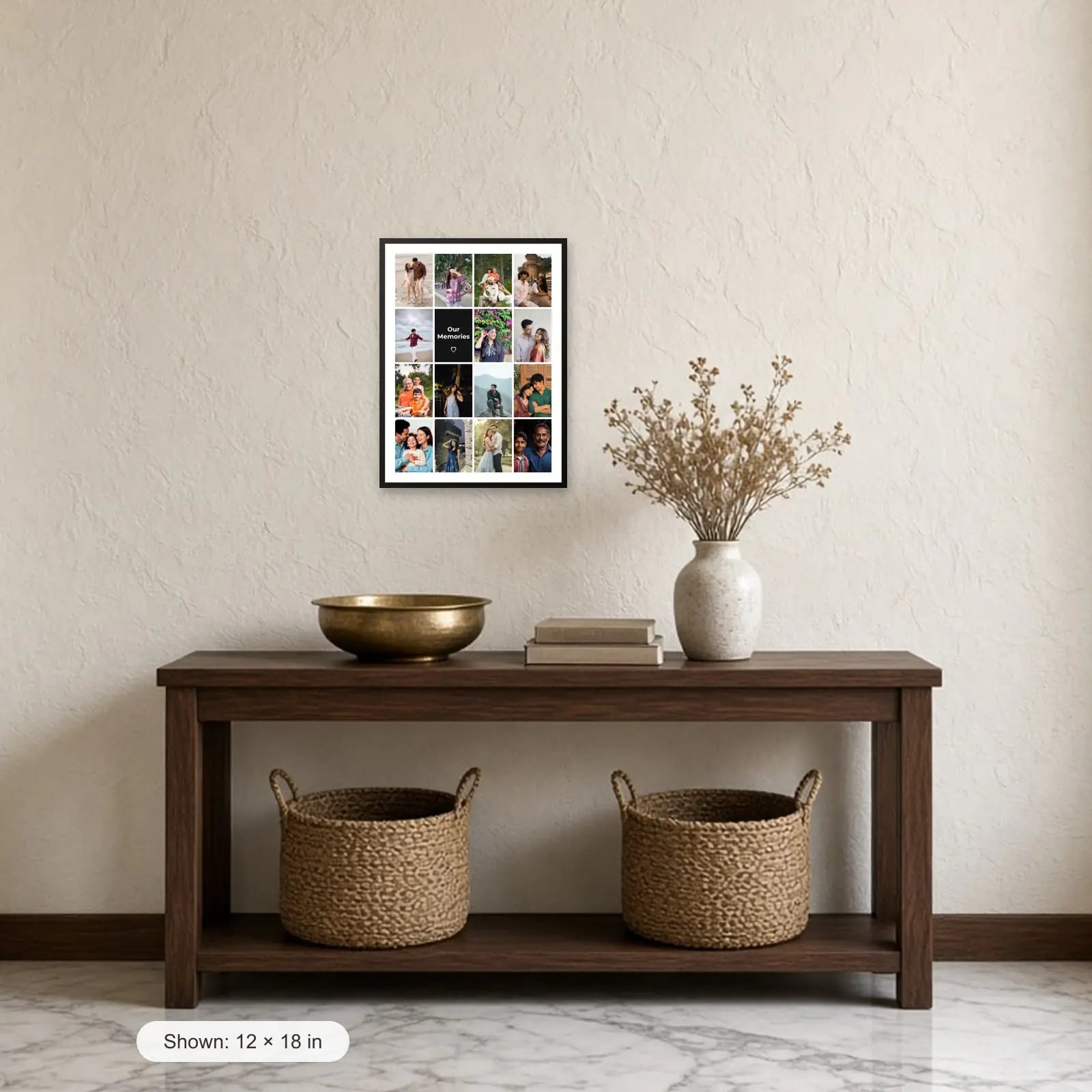 Our Memories Grid Frame — 15 Photos above a console table