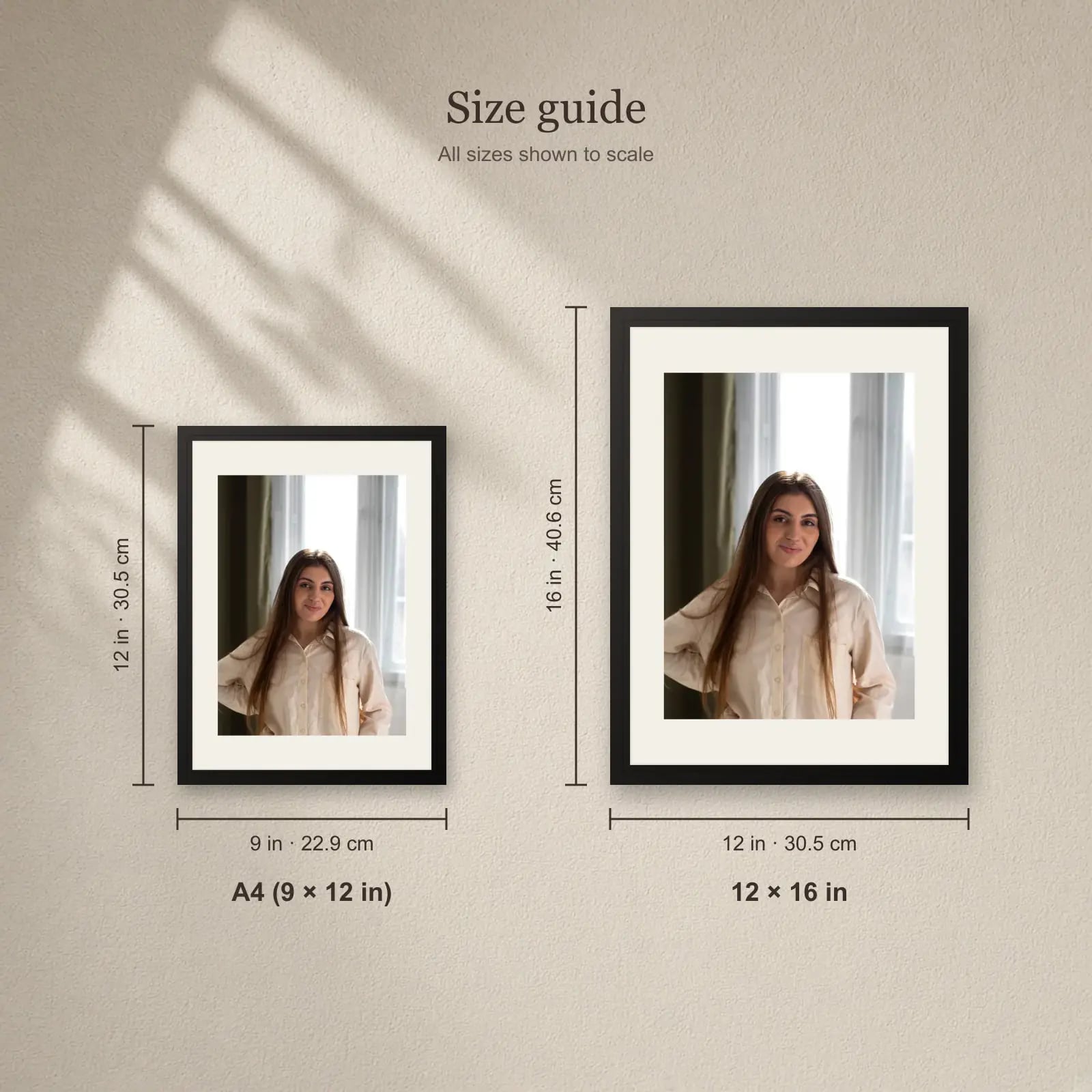 Personalised Single Photo Frame size guide: A4 (9 × 12 in), 12 × 16 in