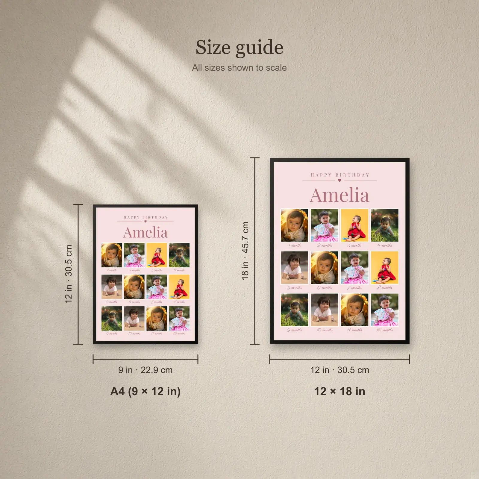 Pink First Birthday 12 Months Frame size guide: A4 (9 × 12 in), 12 × 18 in