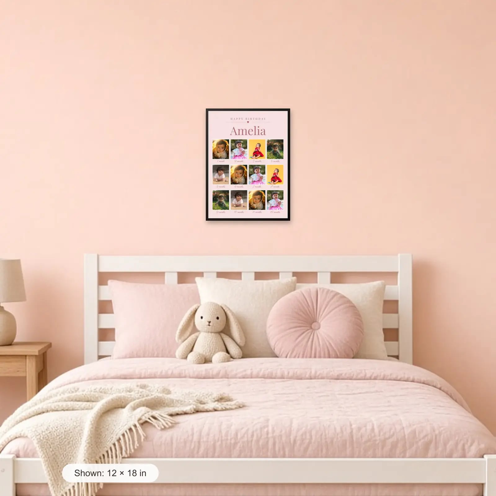Pink First Birthday 12 Months Frame in a kids room