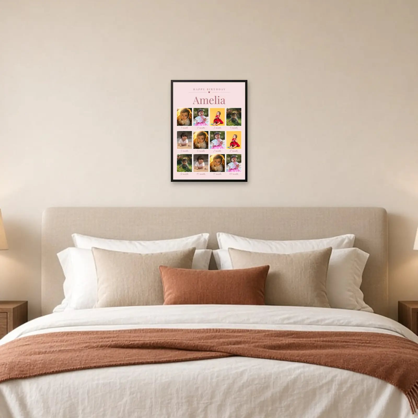 Pink First Birthday 12 Months Frame above a bed