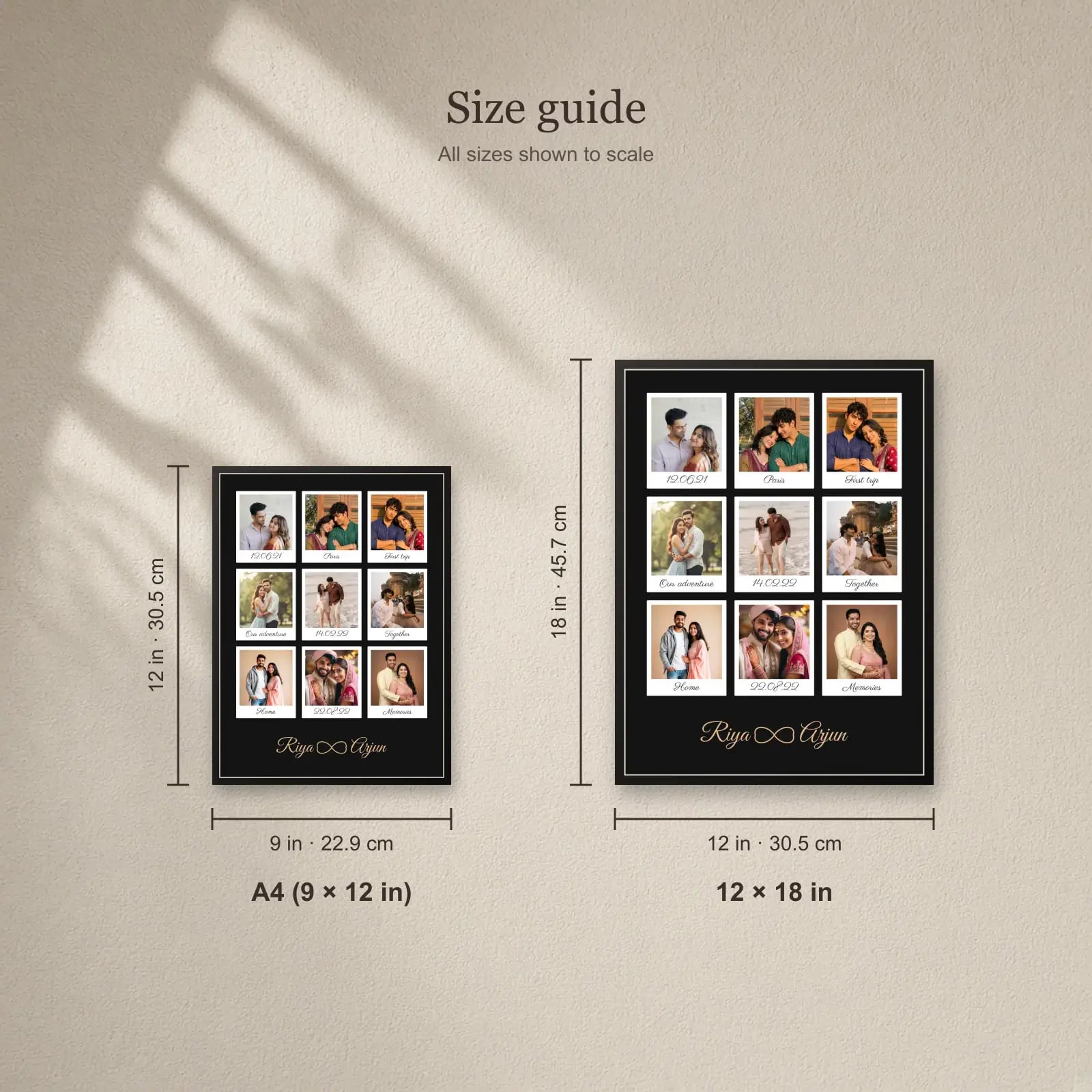 Polaroid Memories Infinity Frame — 9 Photos size guide: A4 (9 × 12 in), 12 × 18 in