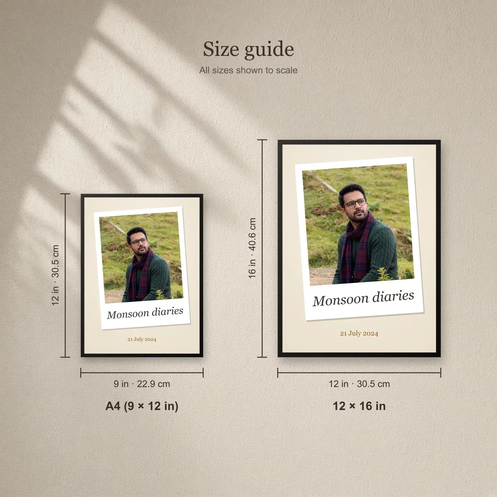 Tilted Polaroid Photo Frame size guide: A4 (9 × 12 in), 12 × 16 in