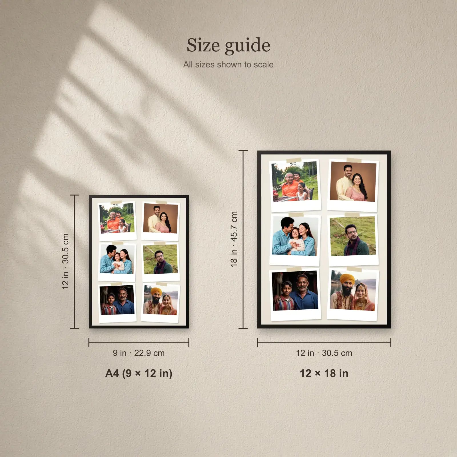 Polaroid Wall Collage Frame — 6 Photos size guide: A4 (9 × 12 in), 12 × 18 in