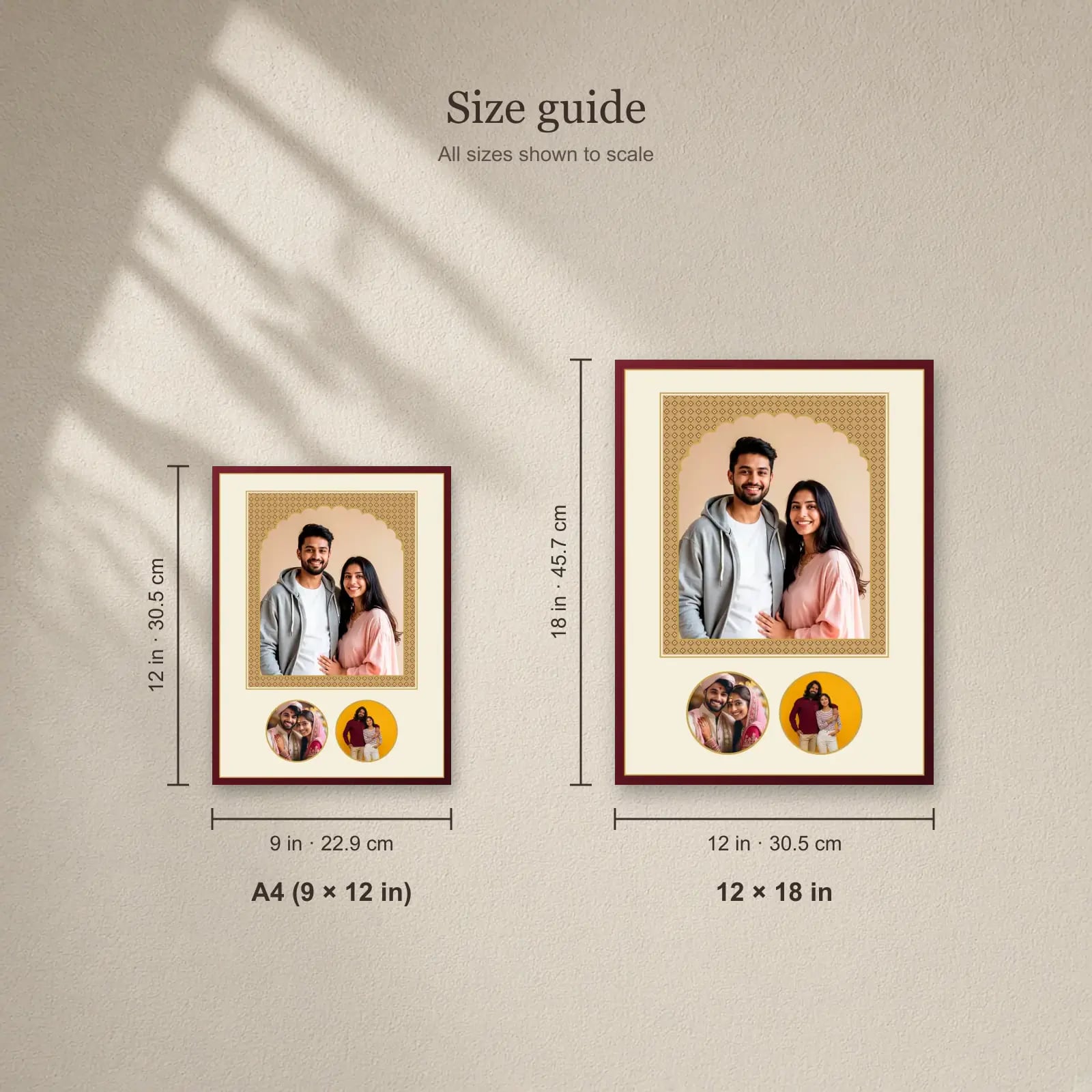 Royal Jharokha Wedding Frame size guide: A4 (9 × 12 in), 12 × 18 in