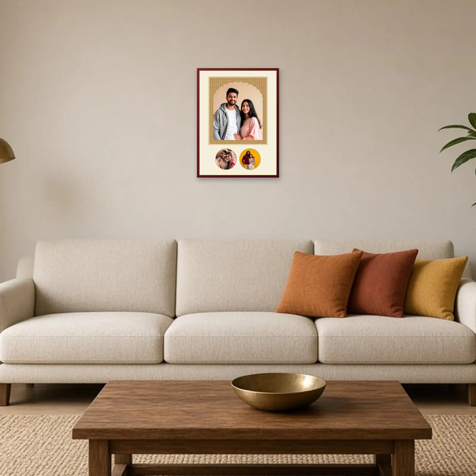 Royal Jharokha Wedding Frame above a sofa