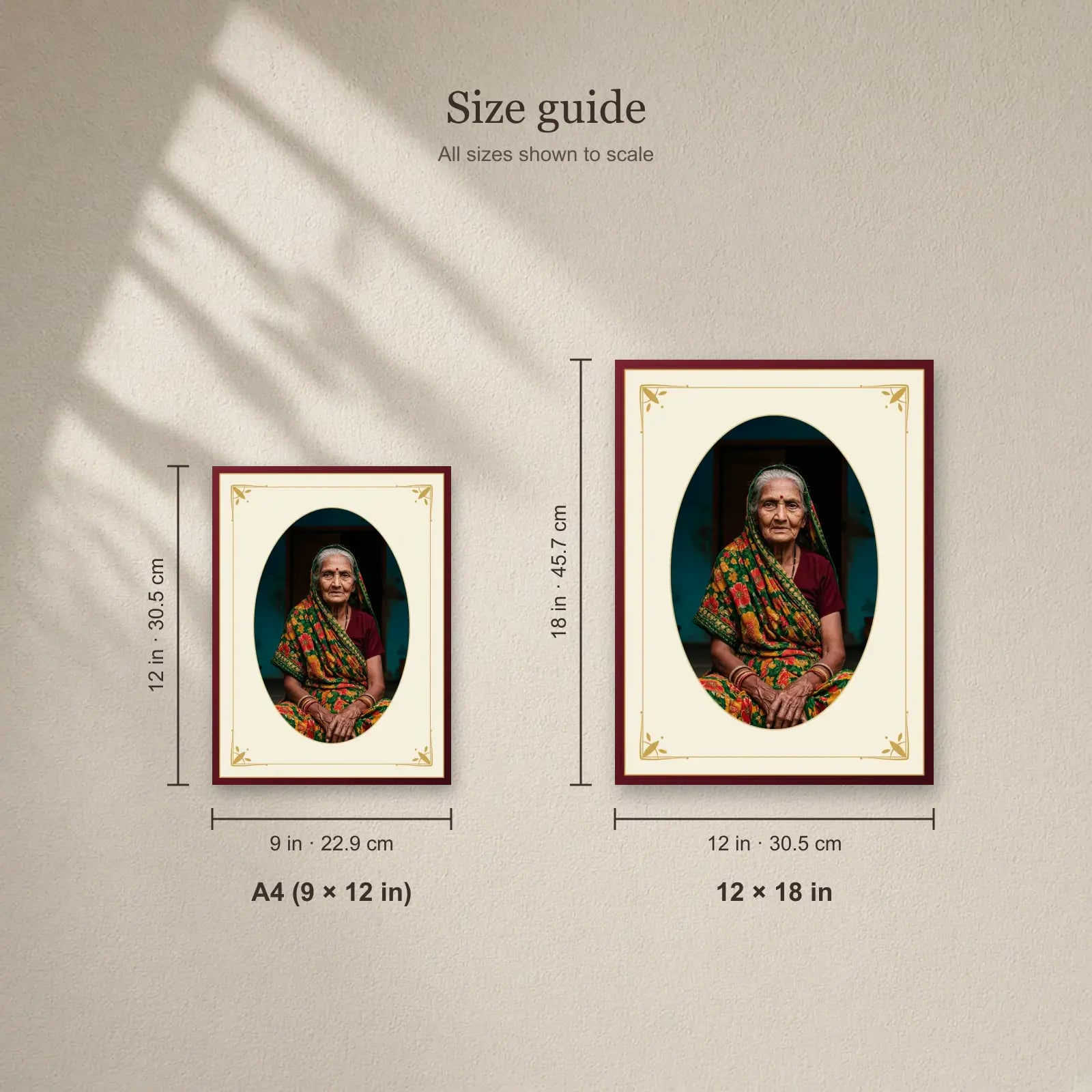 Royal Oval Portrait Frame size guide: A4 (9 × 12 in), 12 × 18 in