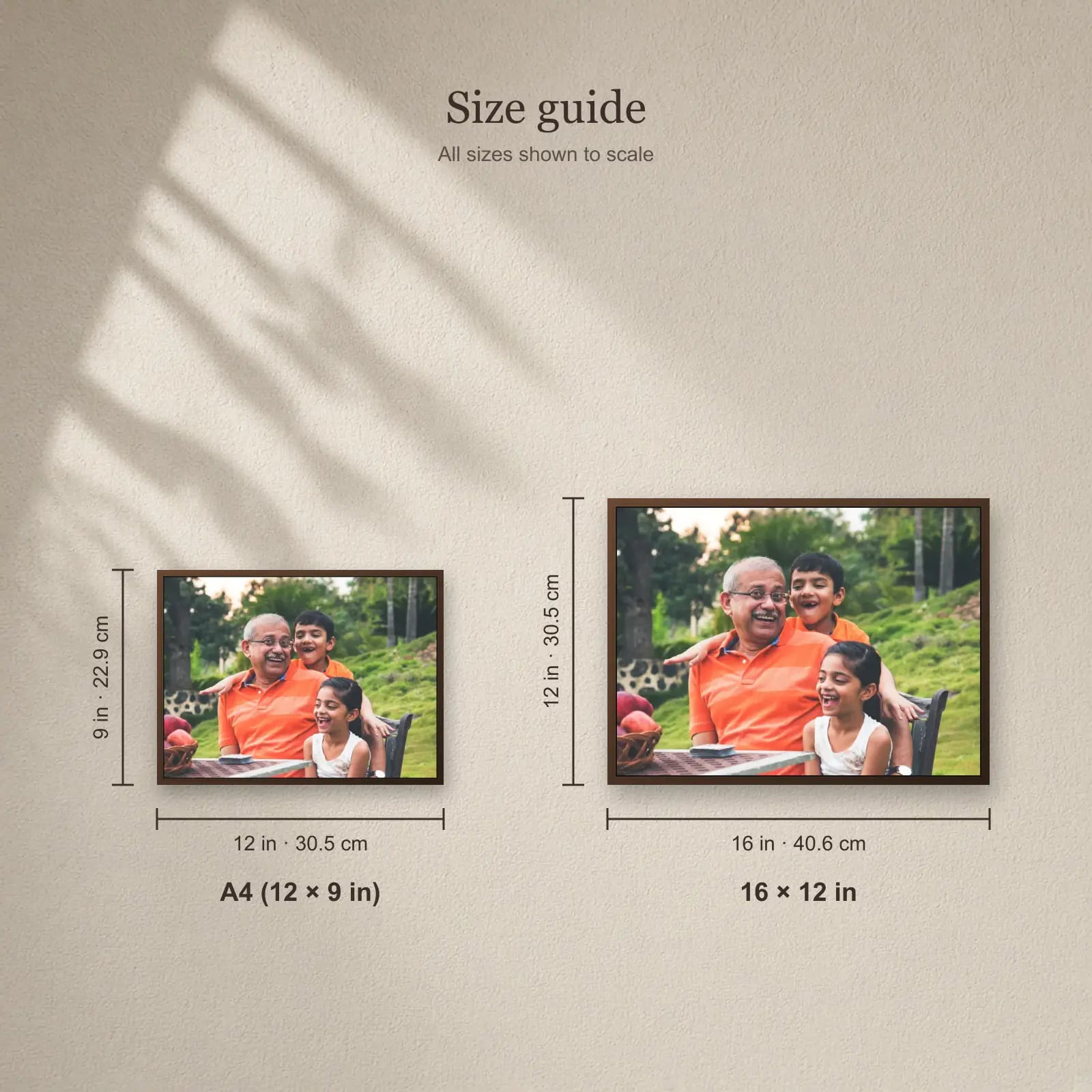 Single Photo Landscape Frame size guide: A4 (12 × 9 in), 16 × 12 in