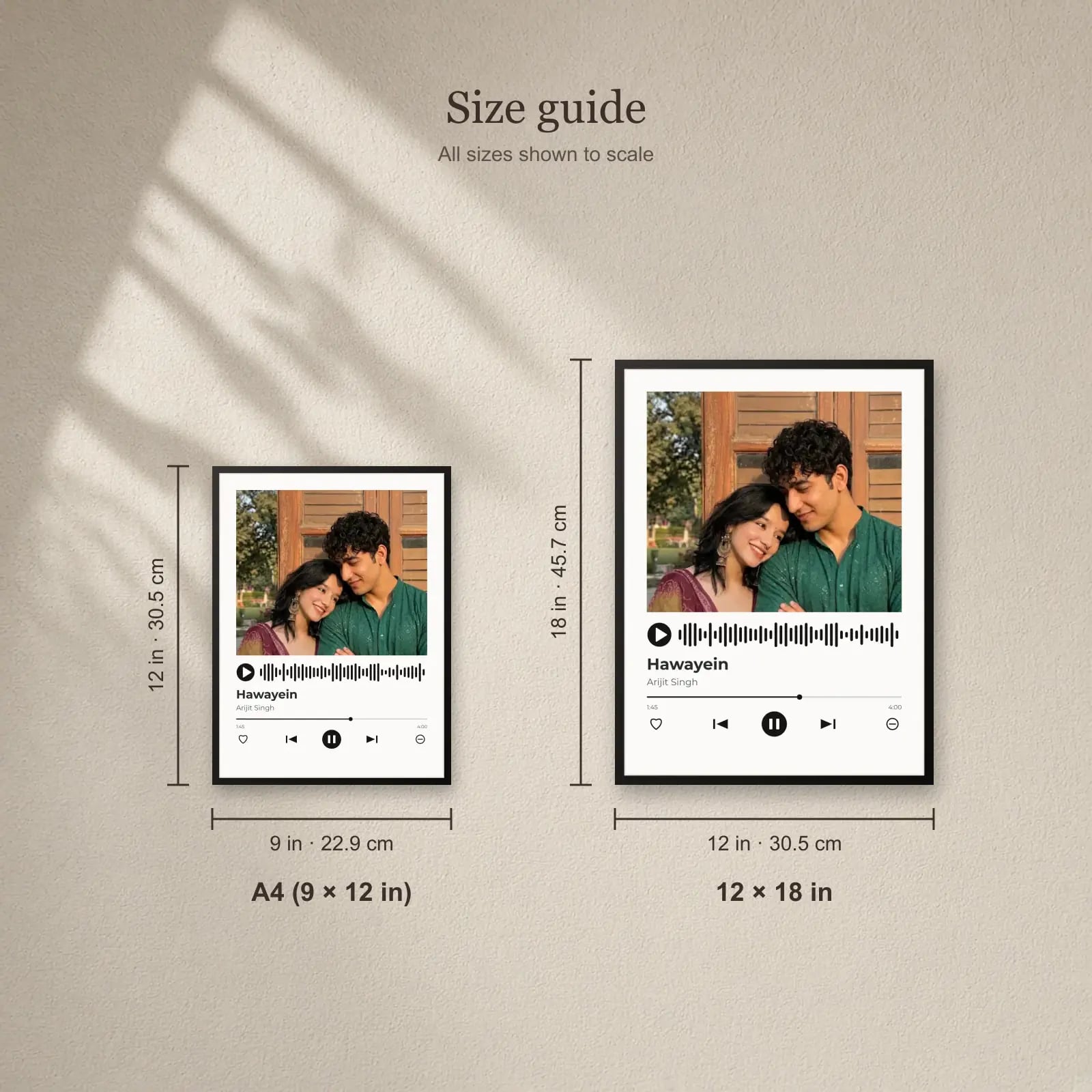 Song Player Photo Frame size guide: A4 (9 × 12 in), 12 × 18 in