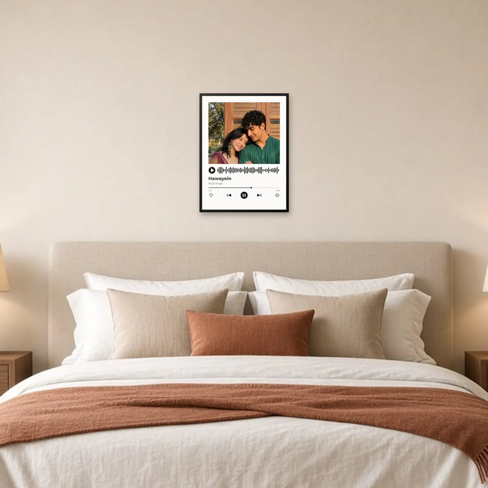 Song Player Photo Frame above a bed