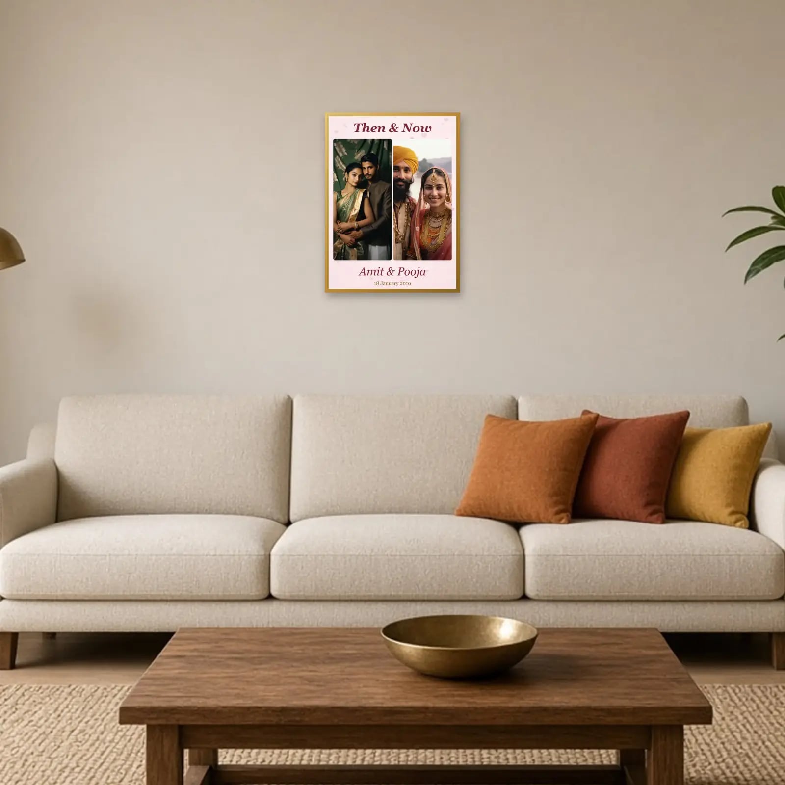 Then & Now Anniversary Frame above a sofa