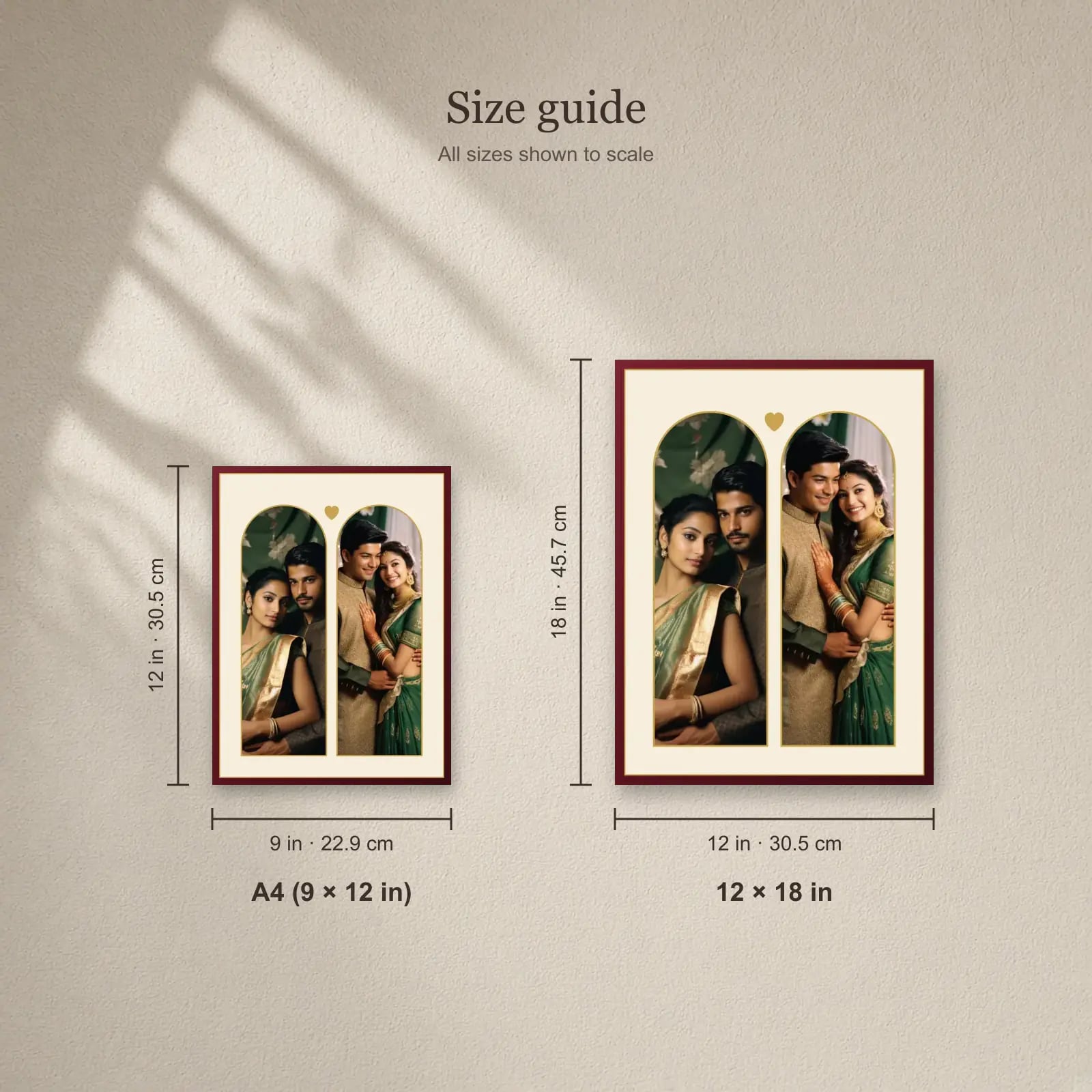 Then & Now Arch Couple Frame size guide: A4 (9 × 12 in), 12 × 18 in
