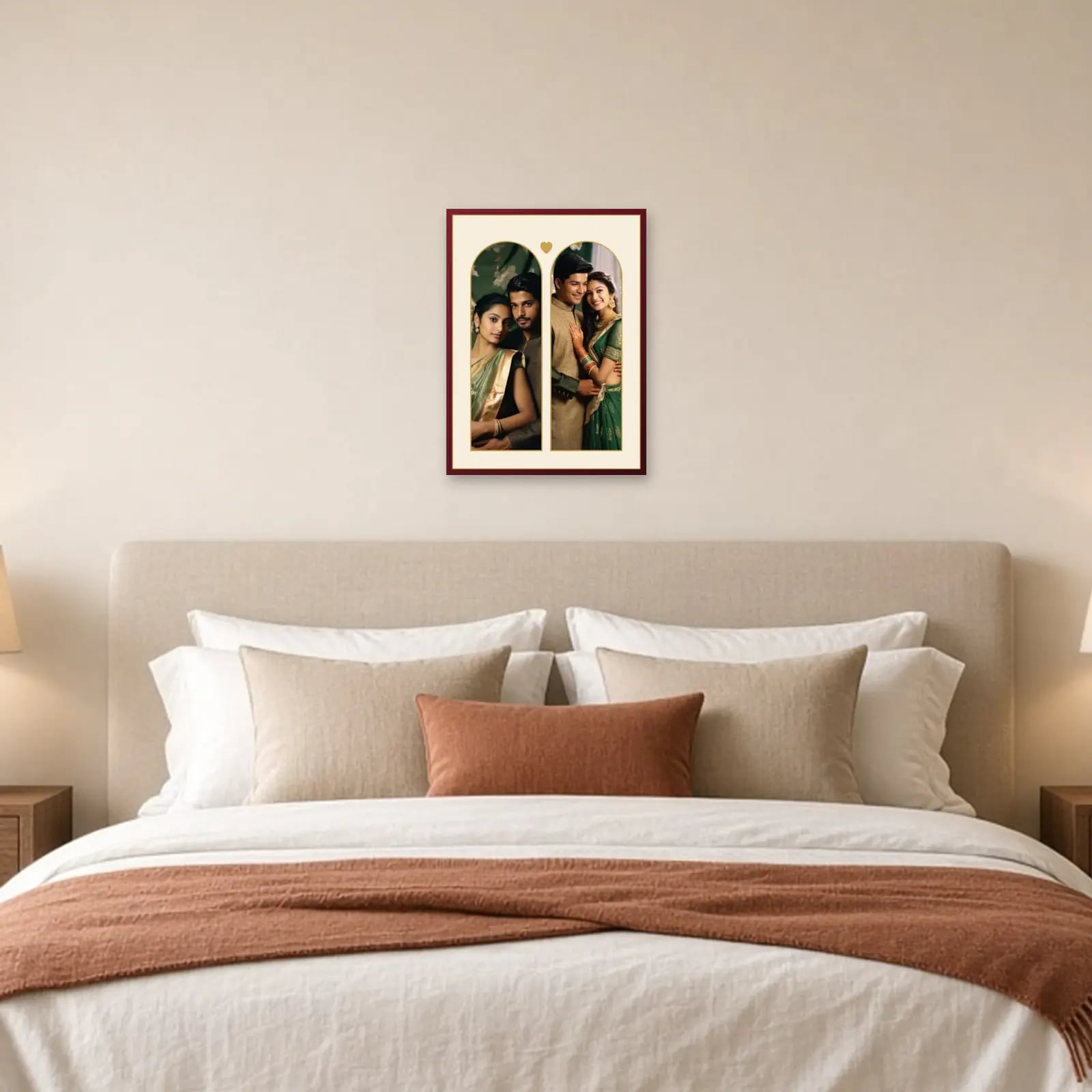 Then & Now Arch Couple Frame above a bed