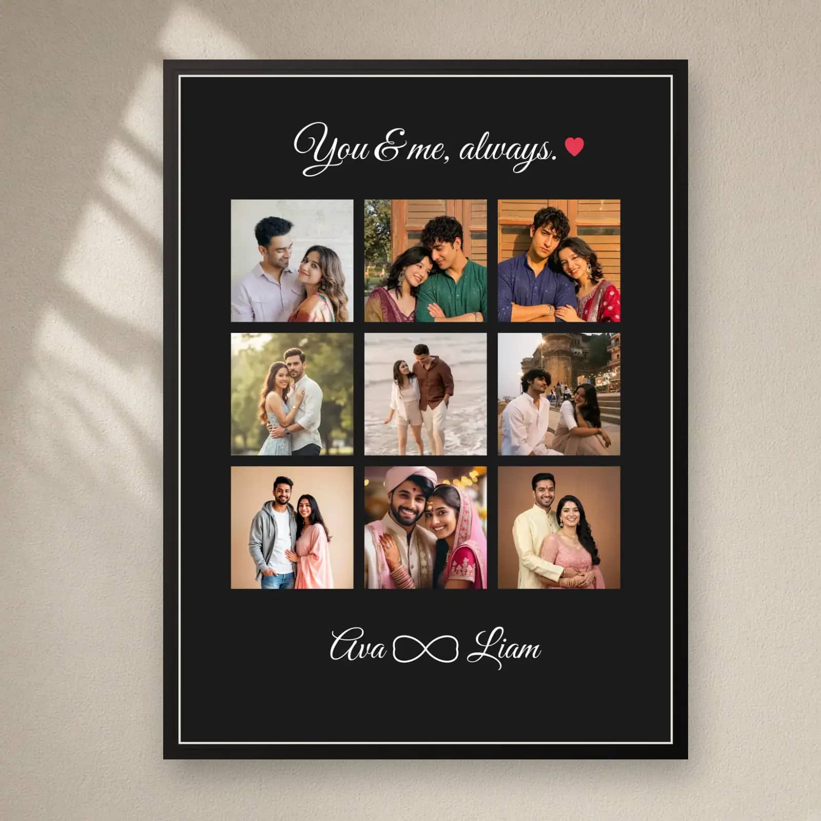 You & Me Always Frame — 9 Photos on a plain wall