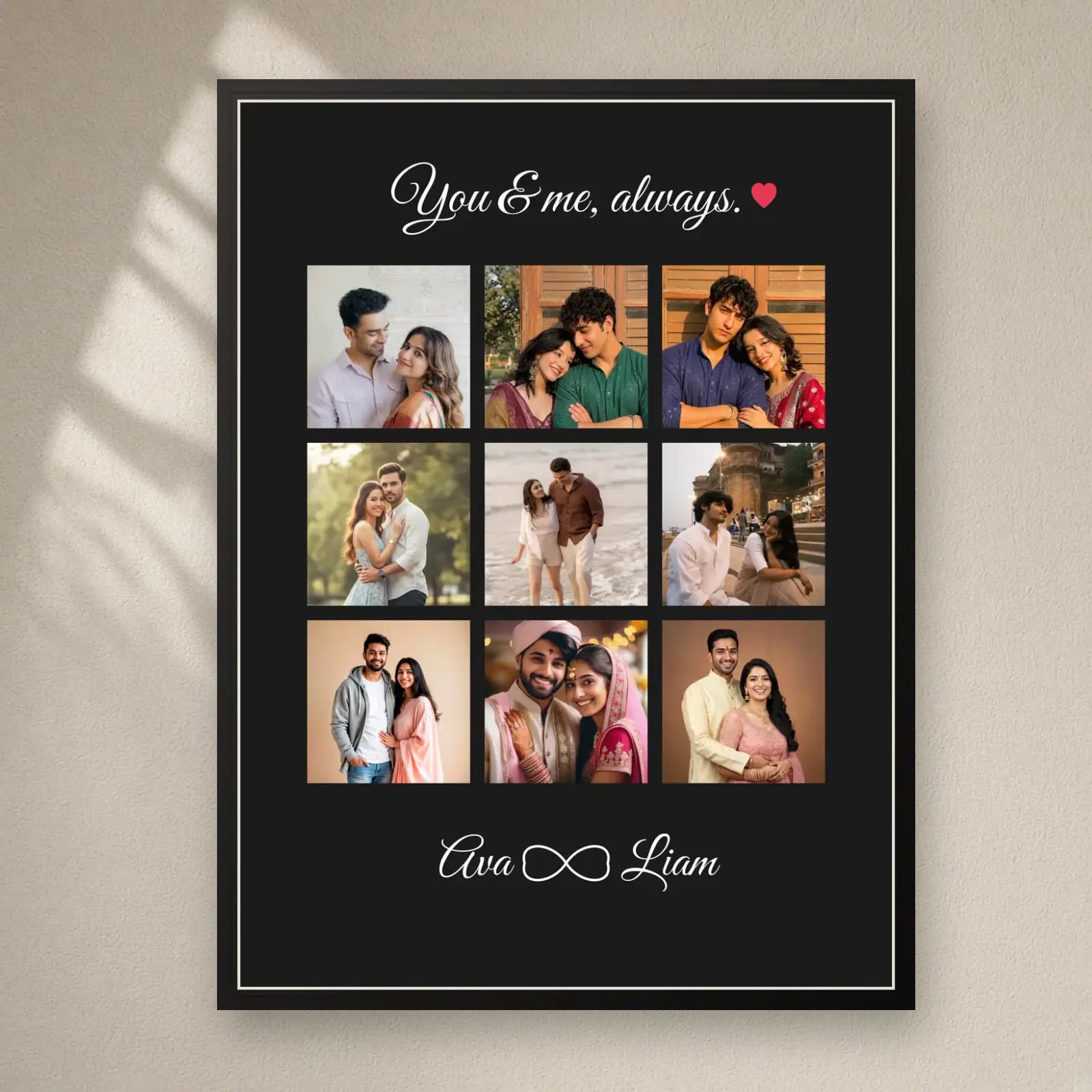 You & Me Always Frame — 9 Photos on a plain wall