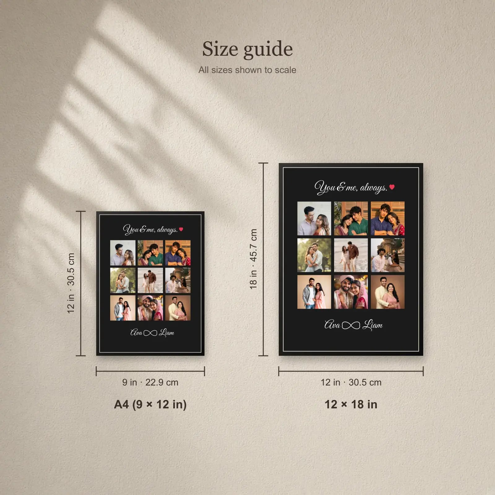 You & Me Always Frame — 9 Photos size guide: A4 (9 × 12 in), 12 × 18 in