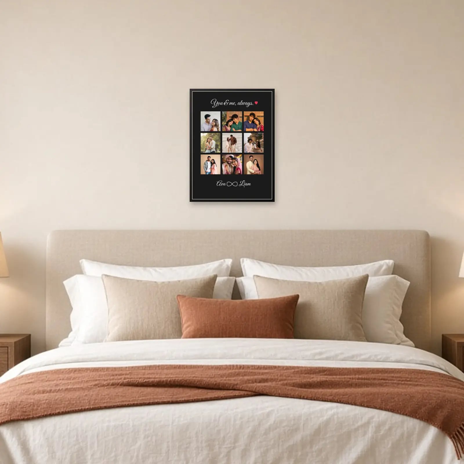 You & Me Always Frame — 9 Photos above a bed